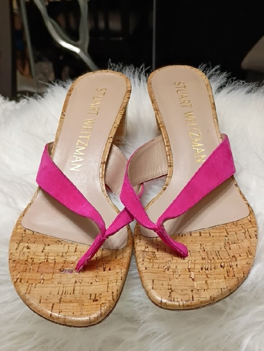 Stuart Weitzman Brigida Fuchsia Cork Block Heel Thong Mules Sandals 7.5 - Picture 7 of 15
